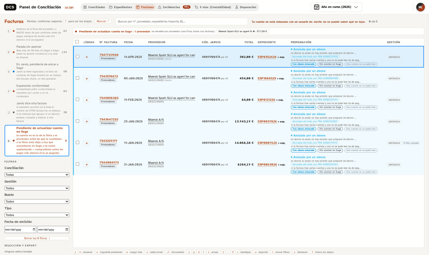 Pendiente de actualizar cuenta en Sage
